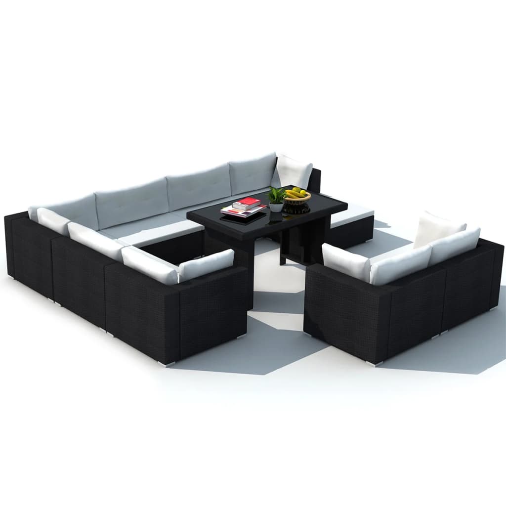 10-Delige Loungeset Met Kussens Poly Rattan Zwart