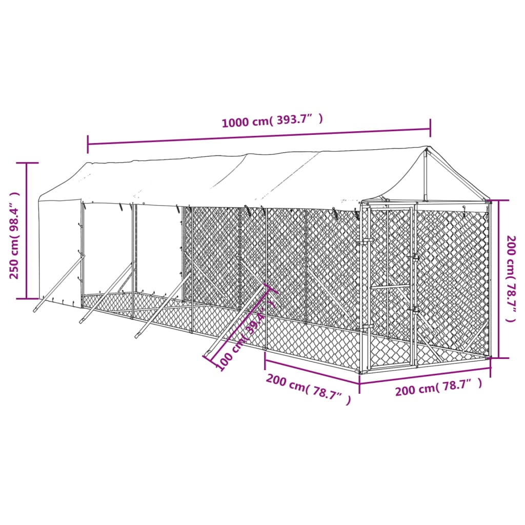 Hondenkennel Met Dak 2X10X2,5 M Gegalvaniseerd Staal Zilver